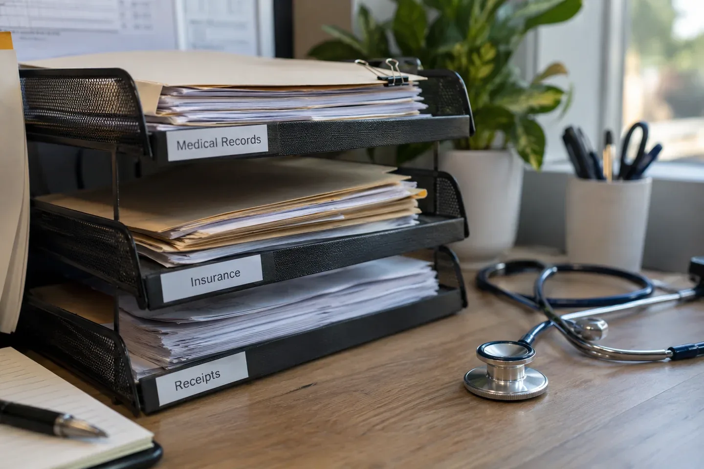 Medical folders, receipts, document trays and a stethoscope arranged on a desk.