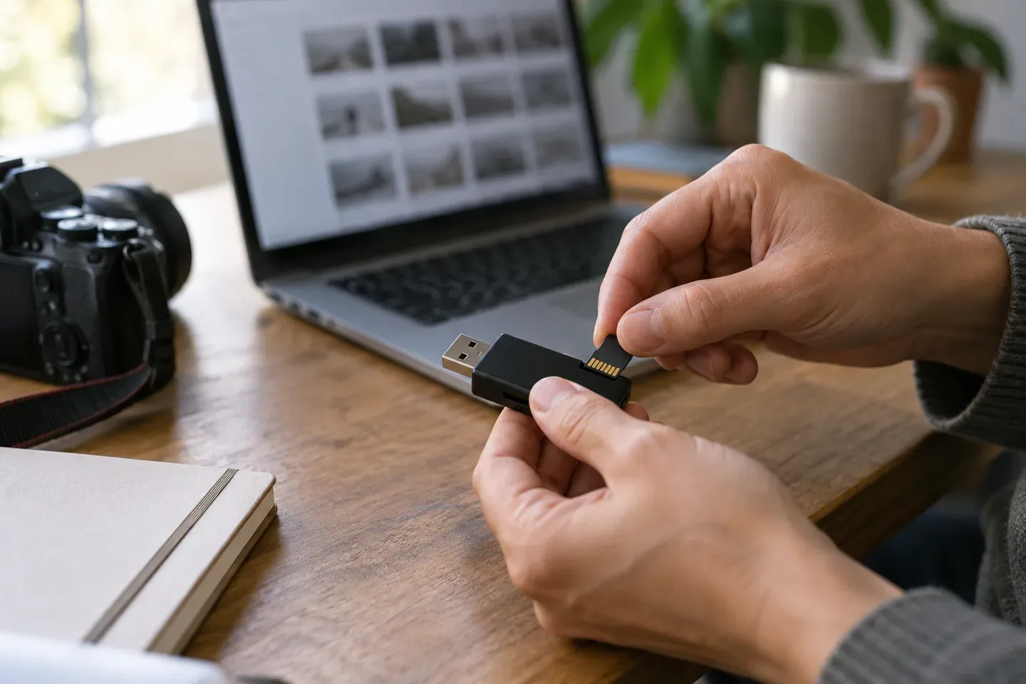 An adult handles a memory card beside a card reader and laptop; AI-generated editorial illustration.