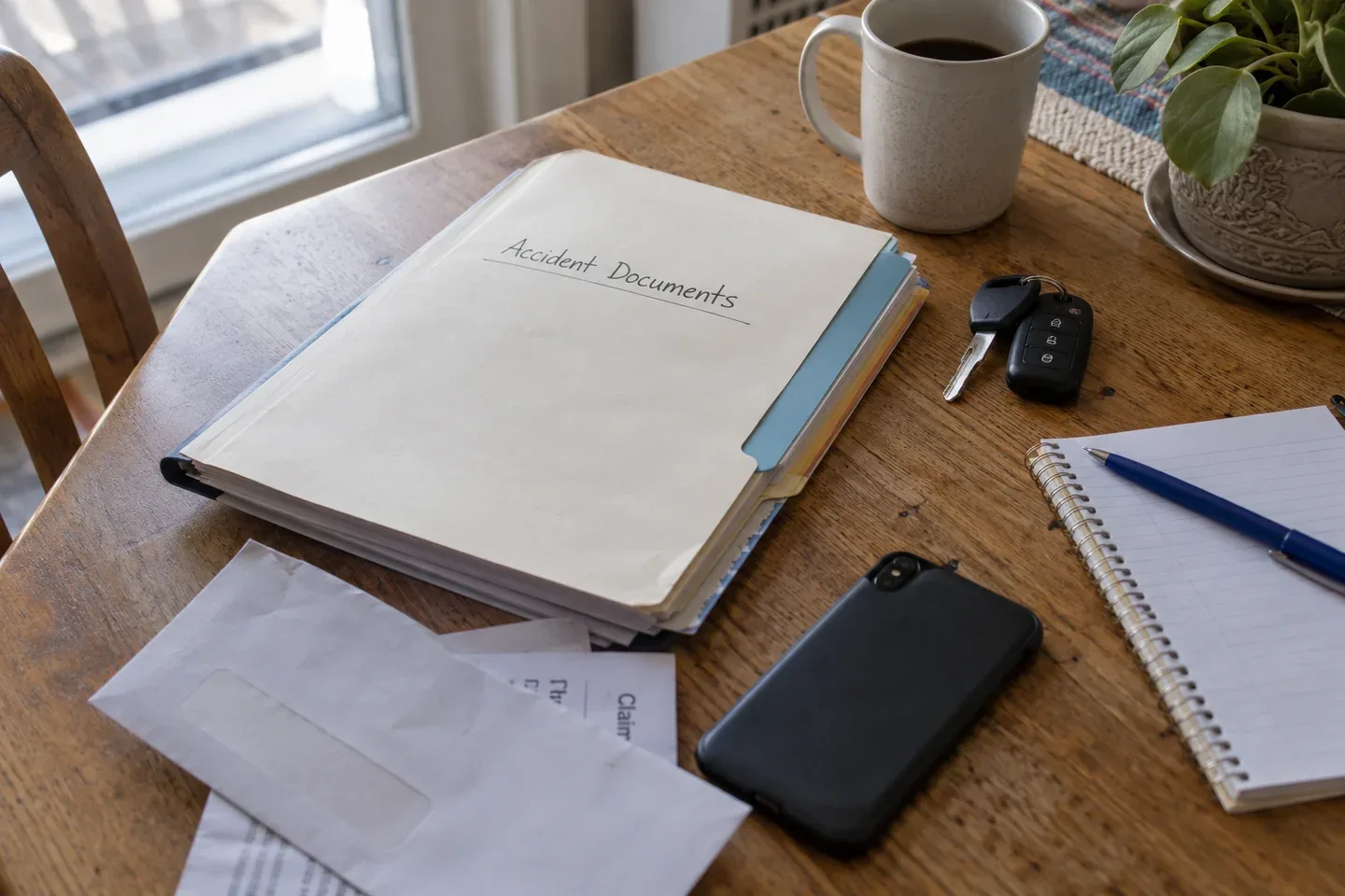 Car keys, a notebook, a phone and a document folder on a kitchen table.
