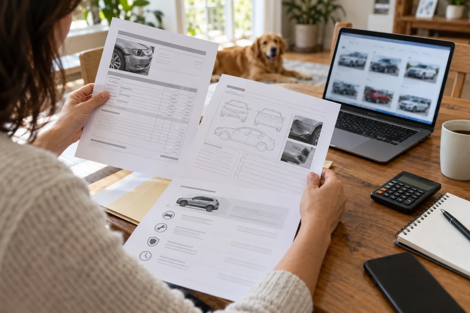 AI-generated illustration of a vehicle owner comparing repair paperwork and market listings after an accident.
