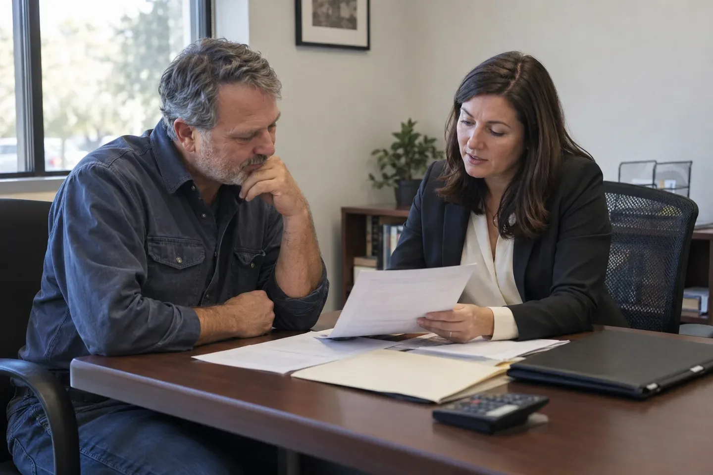 Two adults review a document across a modest office desk; AI-generated editorial illustration.