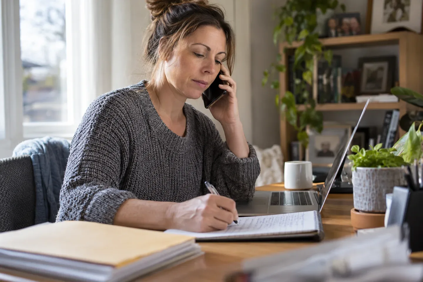 A woman taking notes while listening to a phone call at her desk.