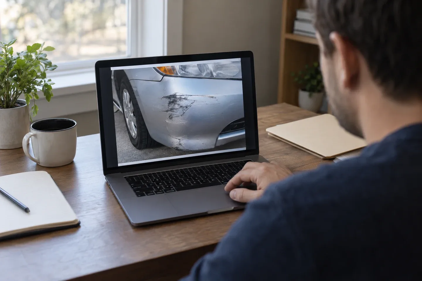 A person reviews a photograph of vehicle damage on a laptop at home; AI-generated editorial illustration.
