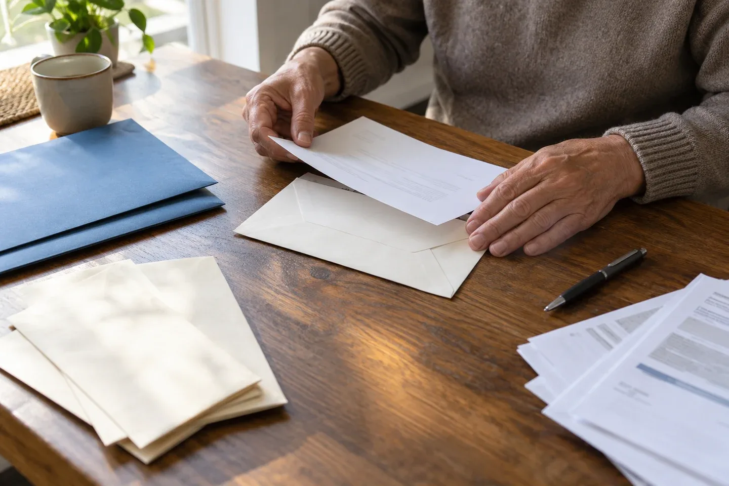 Mature hands organize letters and envelopes beside blue folders; AI-generated editorial illustration.