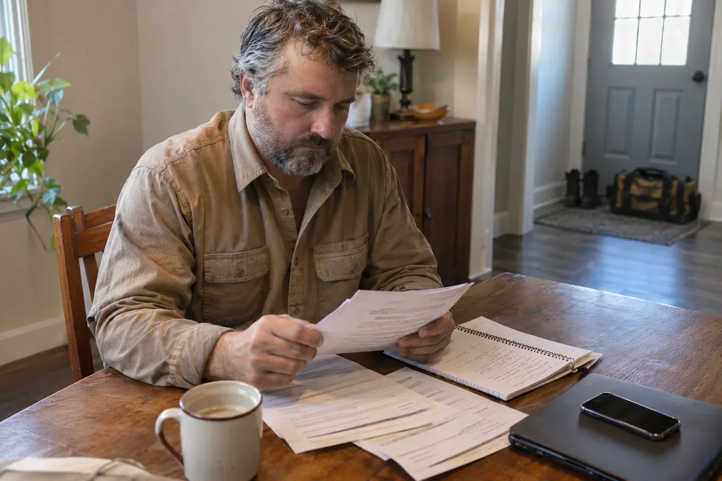 A worker organizing employment paperwork and a notebook at home.