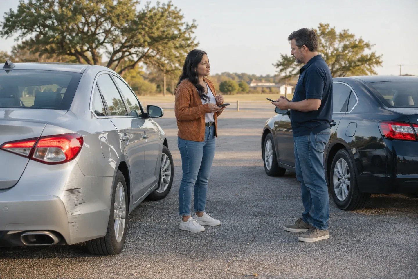 Two drivers exchange information beside parked cars with minor bumper damage; AI-generated editorial illustration.