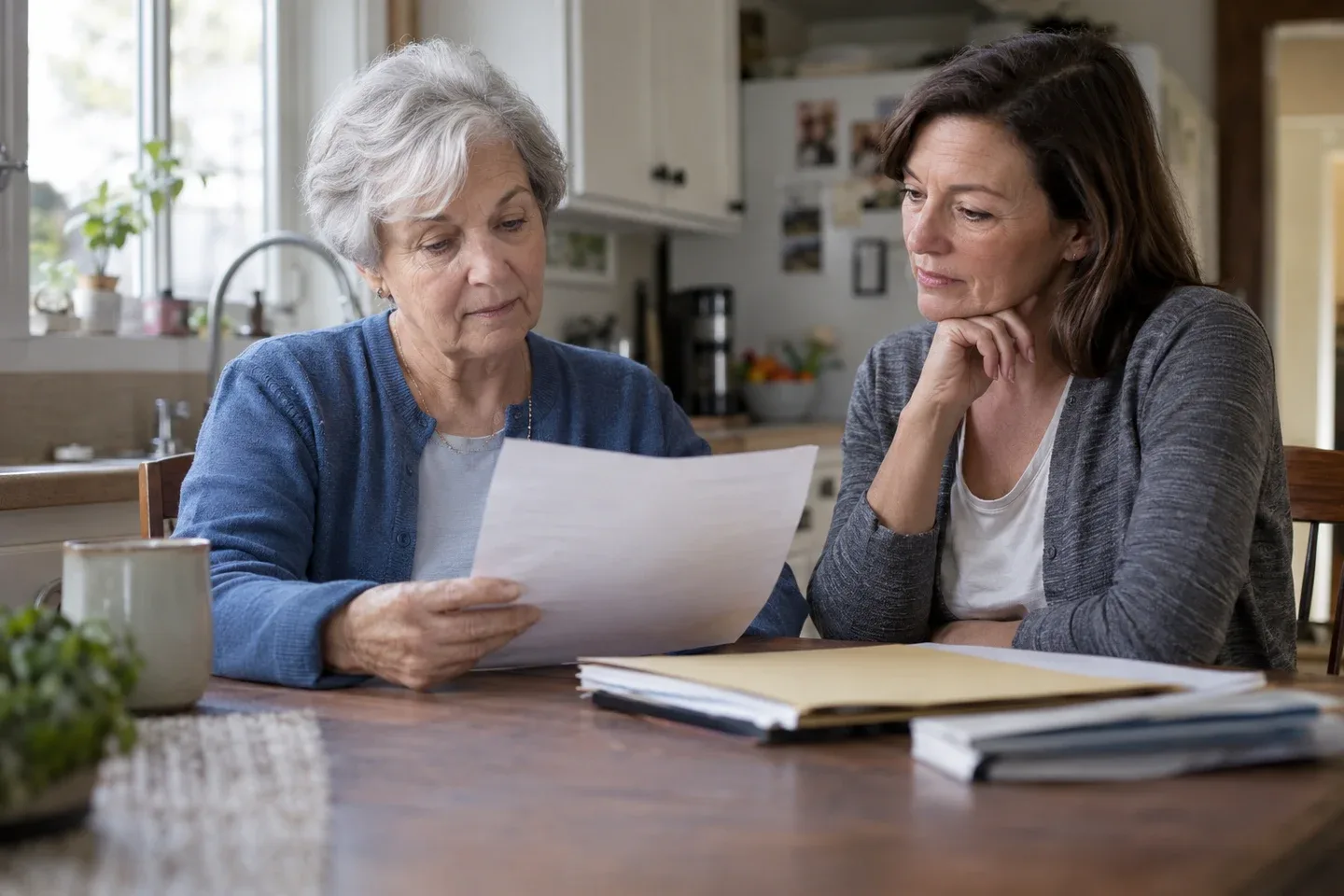 An older woman reviews a letter with an adult family member at a kitchen table; AI-generated editorial illustration.