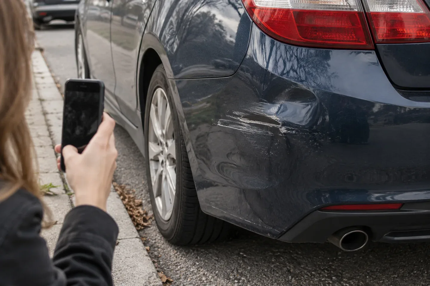 A phone being used to photograph a small dent and scrape on a parked car.