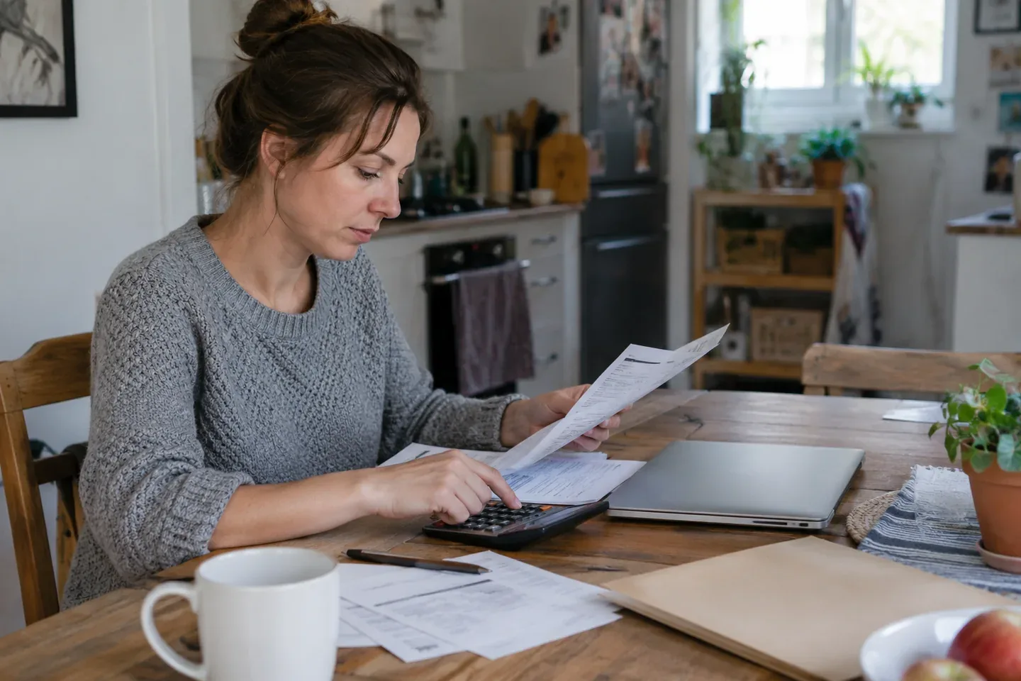 A woman reviewing paperwork with a calculator at a kitchen table.