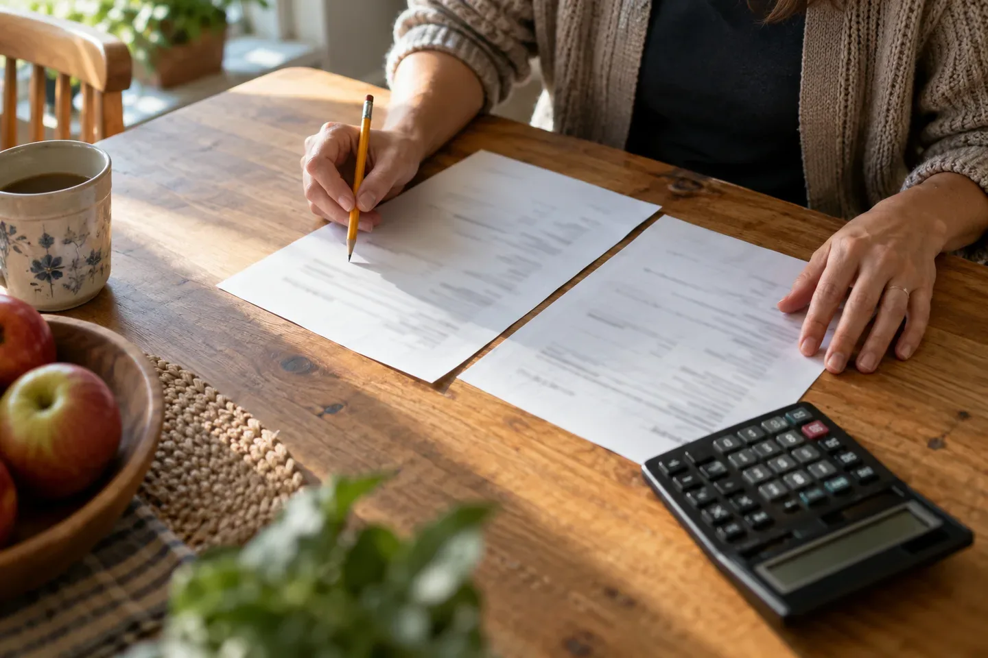 Hands compare papers beside a calculator on a kitchen table; AI-generated editorial illustration.