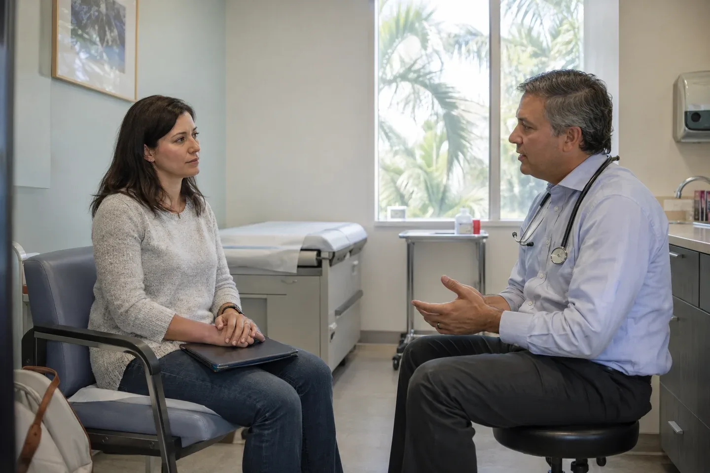A woman speaks with a physician in a sunlit examination room; AI-generated editorial illustration.