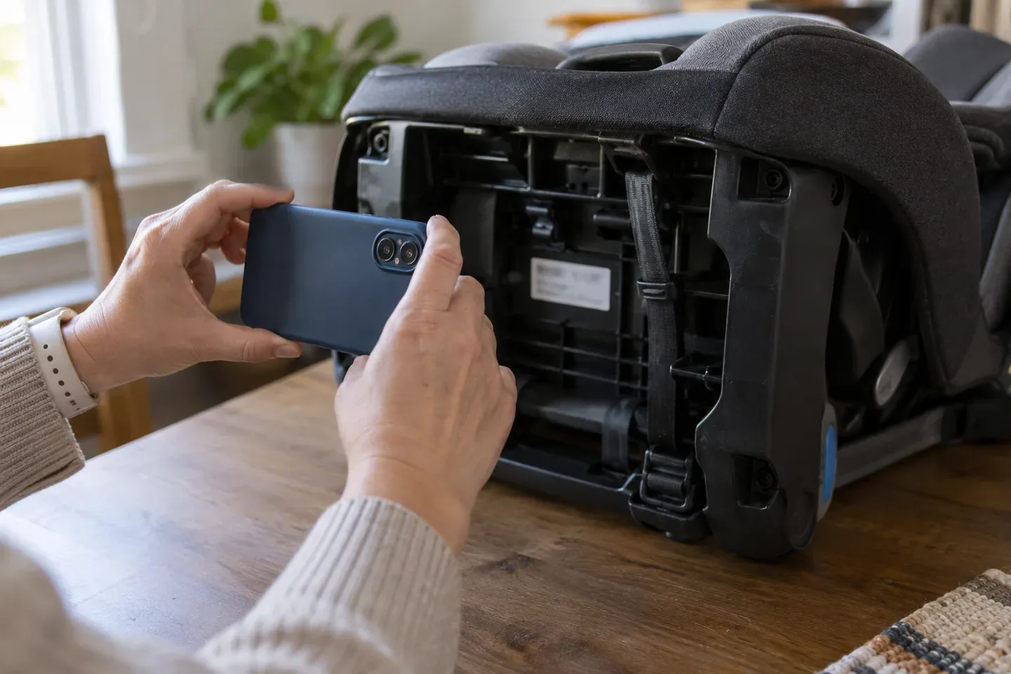 An adult photographs a child safety seat identification area at home; AI-generated editorial illustration.
