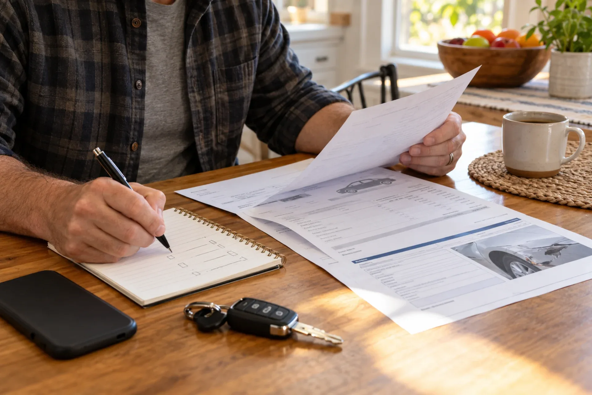 AI-generated illustration of a driver checking a repair invoice and insurance paperwork after a car accident.