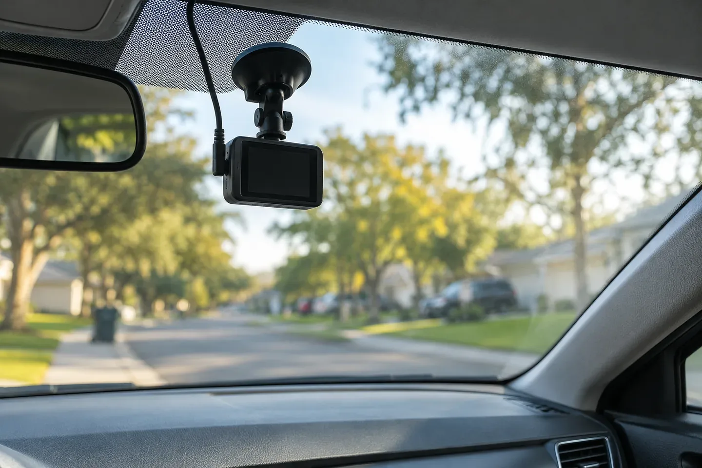 An unbranded dash camera mounted inside a parked sedan; AI-generated editorial illustration.
