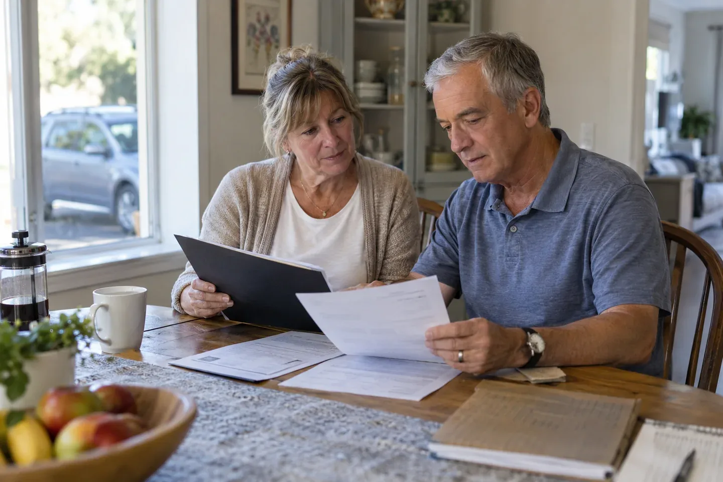 A couple reviewing vehicle insurance paperwork together at home.