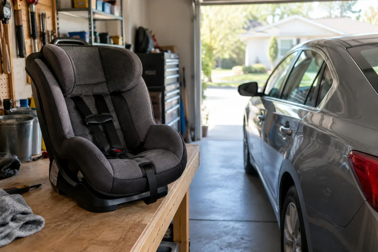 An unoccupied child safety seat set aside on a garage workbench beside a sedan; AI-generated editorial illustration.