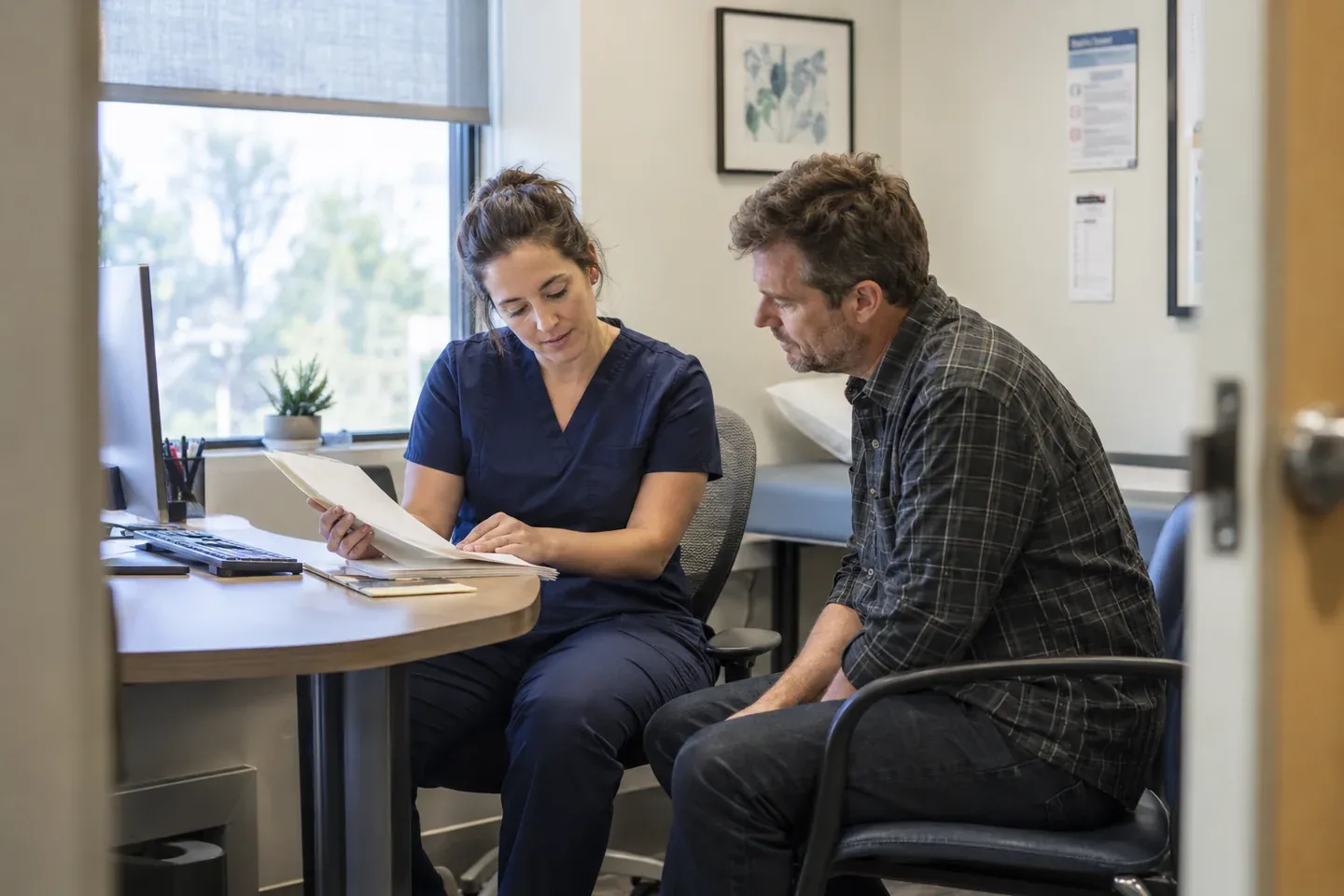 A clinician and a patient discussing a document folder in a consultation room.
