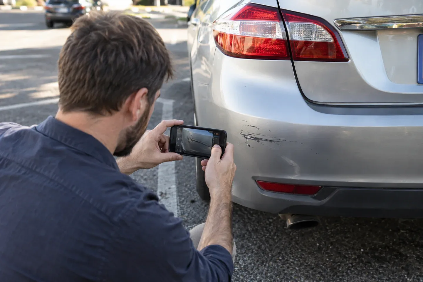 A man photographing the rear bumper of a parked car with his phone.