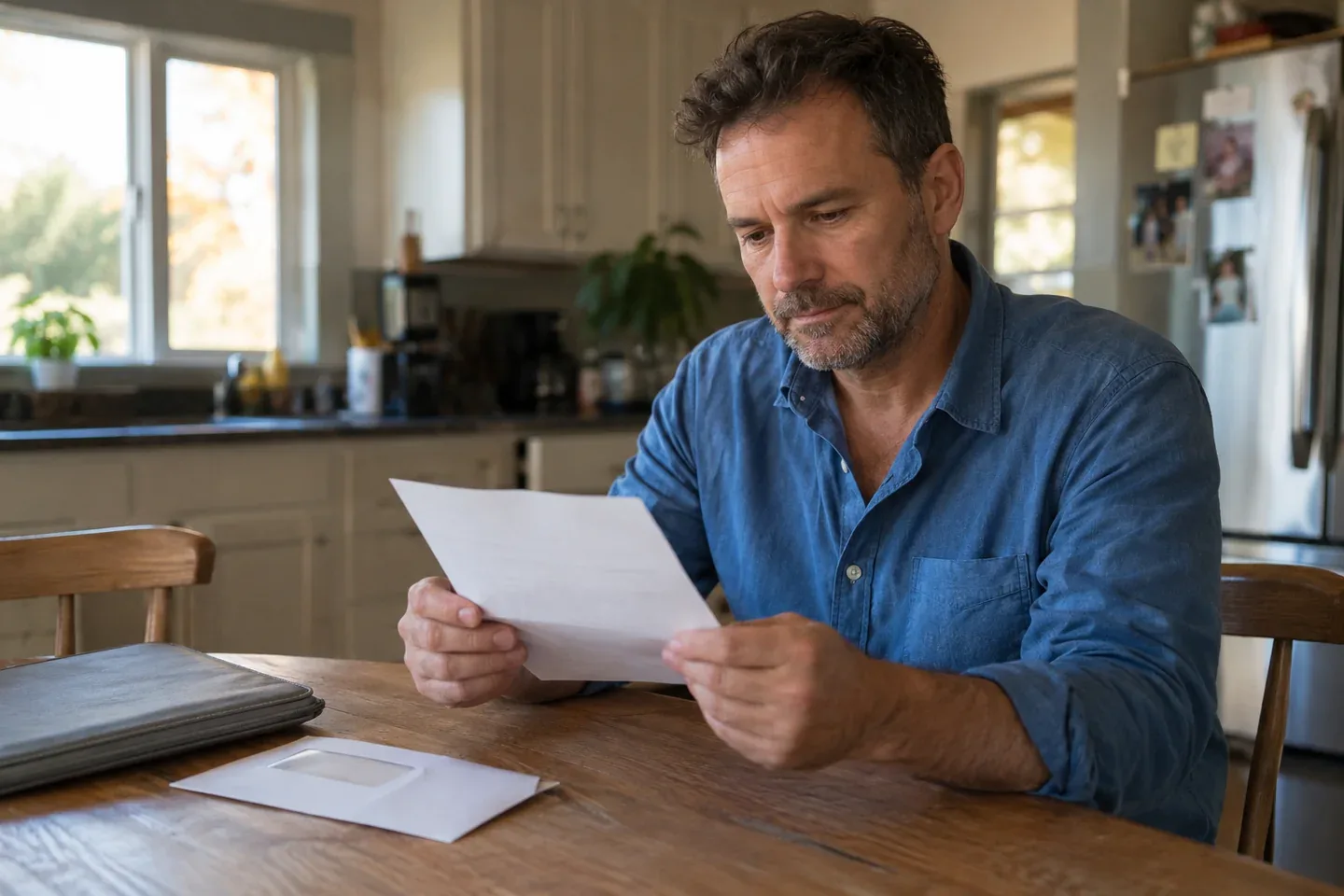 A man reading a mailed document at a kitchen table.