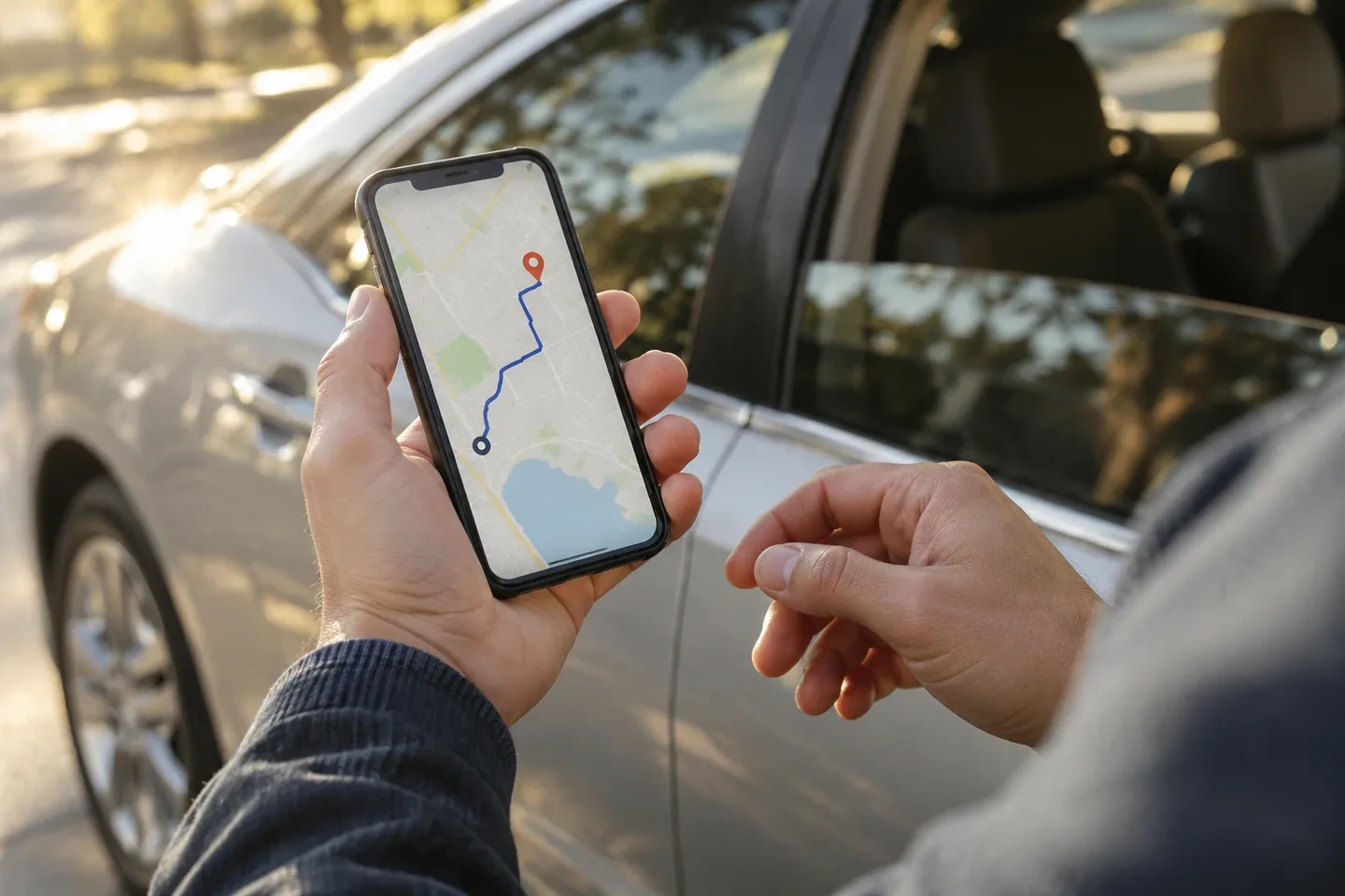 Hands hold a phone displaying a route beside a parked car; AI-generated editorial illustration.