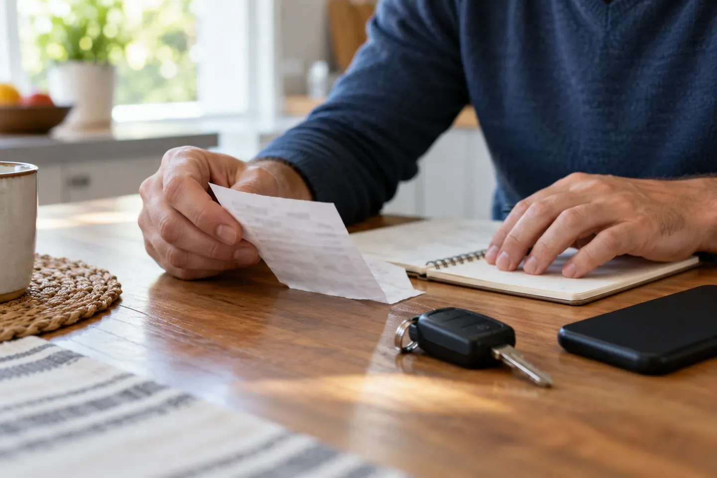 Hands organize rental paperwork and car keys on a kitchen table; AI-generated editorial illustration.