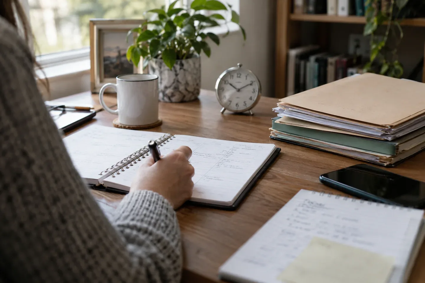A paper planner, small desk clock and document folders on a desk.