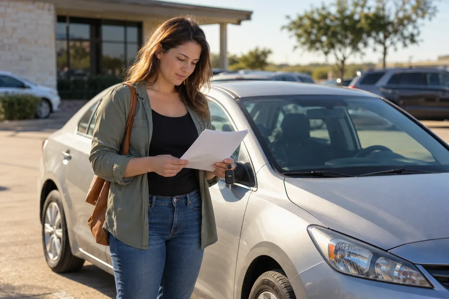 A woman reviews paperwork beside a compact rental sedan; AI-generated editorial illustration.