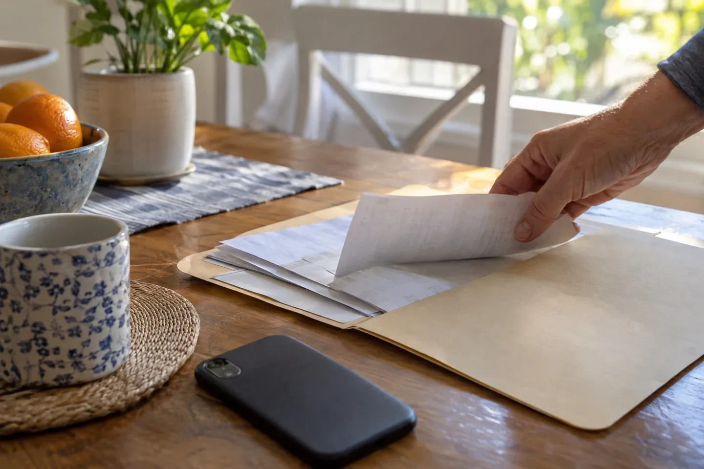 A hand organizes papers in a folder on a kitchen table beside a phone; AI-generated editorial illustration.