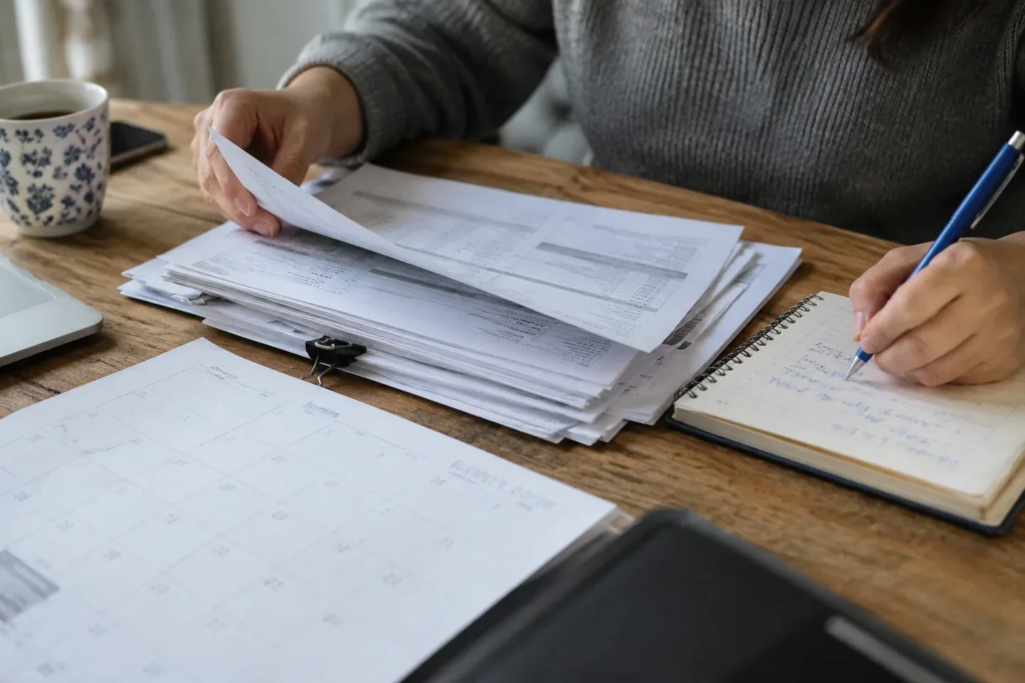 Employment records, a work-date notebook, a calendar and a pen on a table.