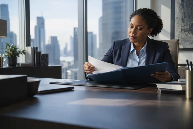 Illustrative attorney reviewing a prepared case file