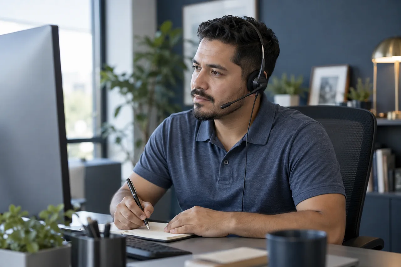 Illustrative intake specialist listening on a headset while taking notes